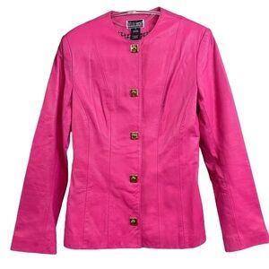 Vtg Belle Sport Genuine Leather Coat Jacket Hot Pink Gold Clasp Size Small